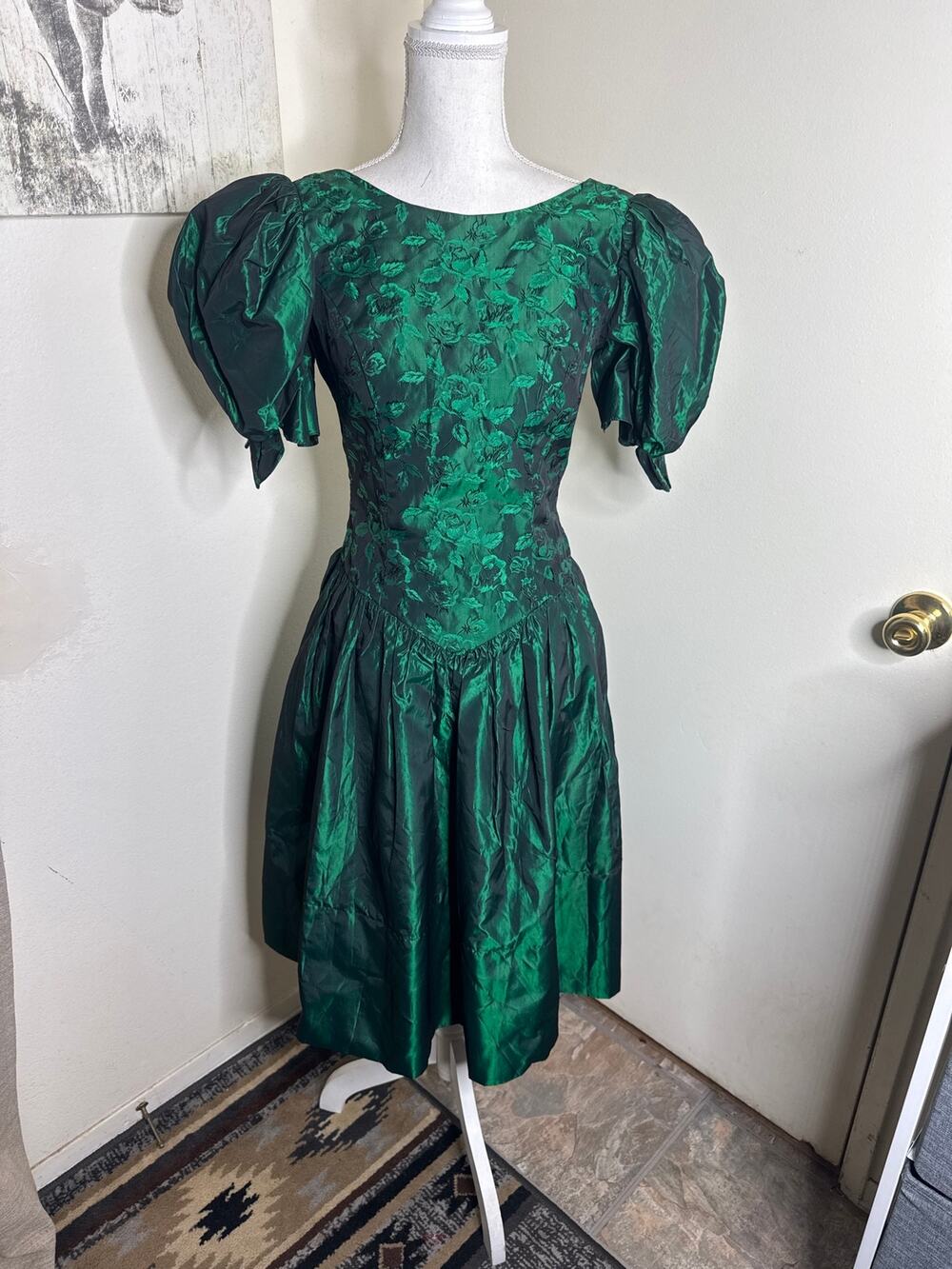 VTG 80s Emerald Green Iridescent Taffeta & Floral Prom Party Dress Whimsigoth